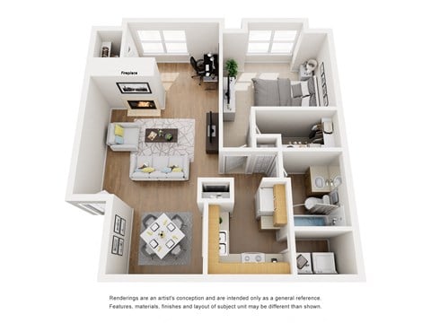 Floor plan for 1 bed, 1 bath, 843 sqft